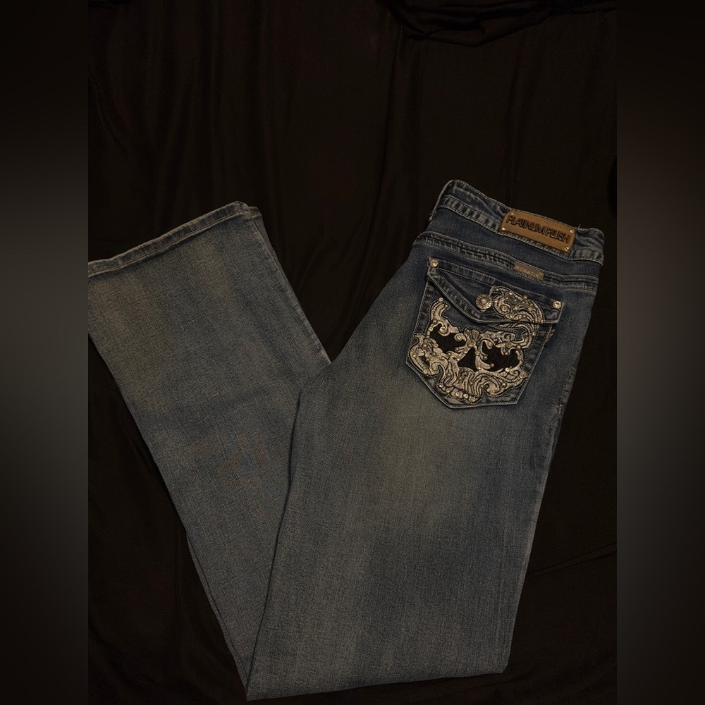 Dark Blue Rhinestone Embroidered Skull Boot Cut Jeans